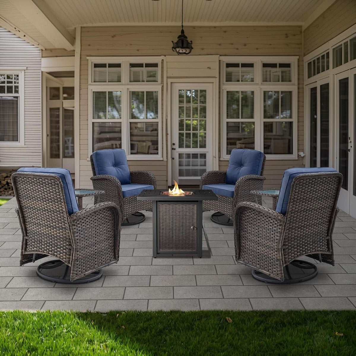 7 Piece Patio Set With Fire Pit Table And Swivel Rocker Chairs